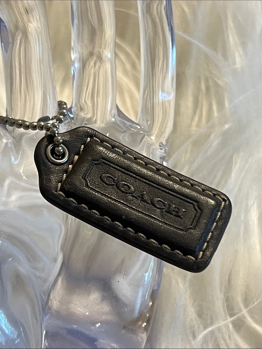 Coach chocolate Leather Embossed Logo Key Tag with Ball Chain